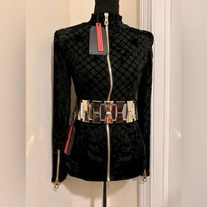 H&M X Balmain Black Velvet Burnout Zip Mock Neck Fitted Top. with Gold Hardware